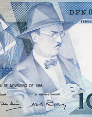 Fernando Pessoa (1888-1935) portrait on Portugal 100 escudo (1988) close up. Famous portuguese poet...