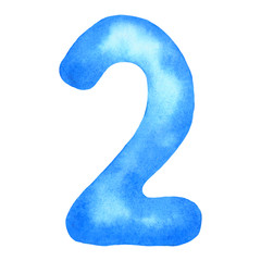 Number 2. Watercolor classic blue hand drawn alphabet