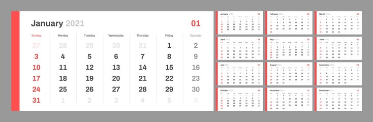 Wall calendar for 2021 year in clean minimal style. Week Starts on Sunday. Set of 12 Months. Ready for print.