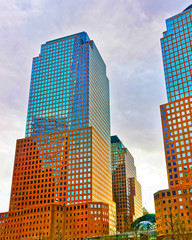 Fototapeta na wymiar Skyline with Skyscrapers in Financial Center at Lower Manhattan, New York City, America. USA. American architecture building. Panorama of Metropolis NYC. Metropolitan Cityscape