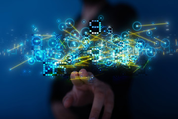 Businessman pressing document icon over computer binary code