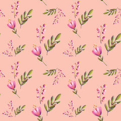 Digital illustration of a trendy floral print pattern. Small tulips, leaves and berries in a seamless texture. Summer and spring motif for cards, banners, fabrics, invitations.