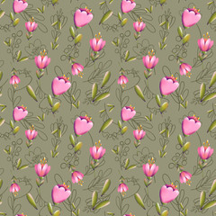 Digital illustration of a trendy floral print pattern. Small tulips, leaves and berries in a seamless texture. Summer and spring motif for cards, banners, fabrics, invitations.