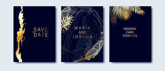 Set of elegant exotic brochure, card, background, cover. Indigo marble and golden texture.