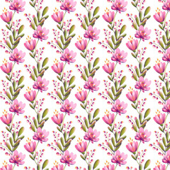 Digital illustration of a trendy floral print pattern. Small tulips, leaves and berries in a seamless texture. Summer and spring motif for cards, banners, fabrics, invitations.