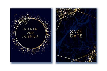 Luxury wedding invitation. Indigo marble background and golden splatters.
