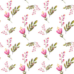 Digital illustration of a trendy floral print pattern. Small tulips, leaves and berries in a seamless texture. Summer and spring motif for cards, banners, fabrics, invitations.