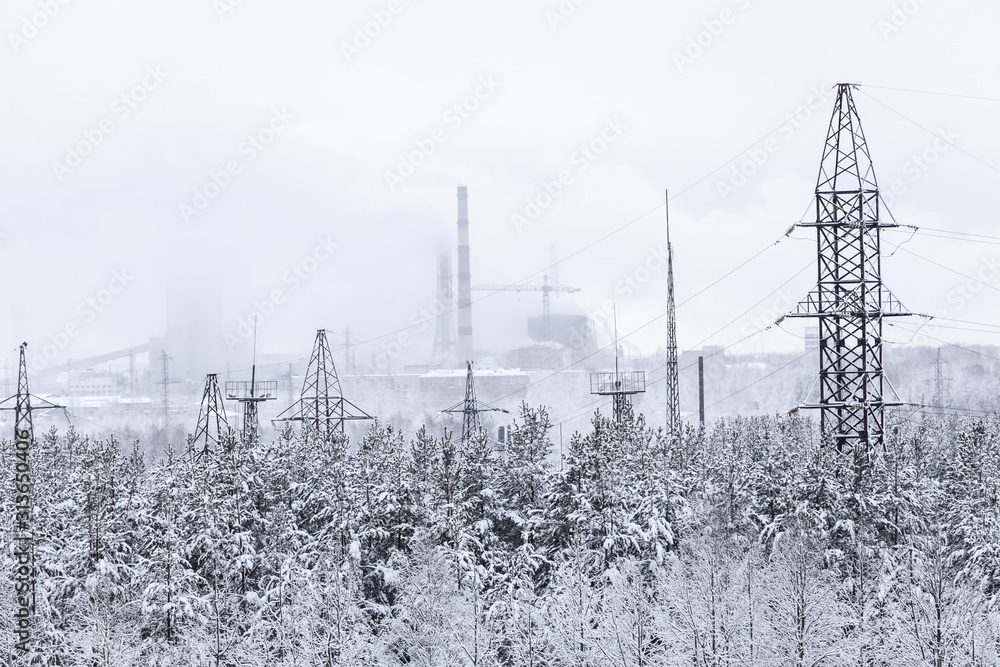 Wall mural an electric power transmission lines from power station passes in wintry forest, snowy wires