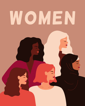 Five Young strong women stand together. Concept of women empowerment, self-acceptance, and gender equality.  Vector flat illustration
