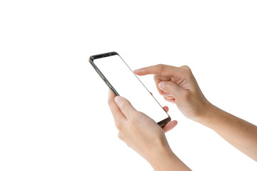 Technology concept: hand Holding smart phone and pointing at the screen with white background and clipping path