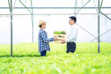 Agriculture business concept, gardeners women send vegetables to male customers on the hydroponics vegetable organic green house farm.