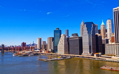 Fototapeta na wymiar Aerial panoramic view on Skyline with Skyscrapers in Downtown and Lower Manhattan, New York City, America USA. American architecture building. Panorama of Metropolis NYC. Cityscape. Hudson, East River