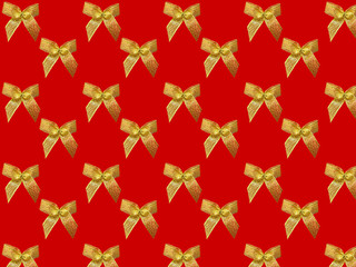 Gold bows on a red background. Seamless pattern from photo bows. Blank for wrapping paper.