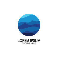 Isolated round shape logo. Blue color logotype. Flowing water image. Sea, ocean, river surface.