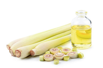 Sliced lemon grass with oil isolated on white background with oil