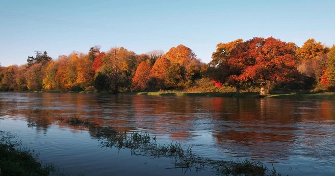 Colorful 4K video of Boyne valley, river and surroundings in bright autumn colors, Co. Meath, Ireland