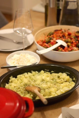 Mashed potatoes with olive oil, lemon and scallion, served on the table. Selective focus.