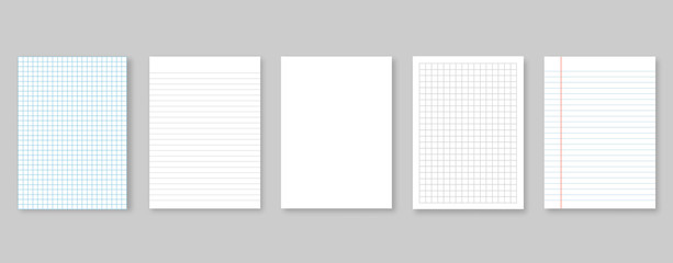Set of vector illustrations sheets paper. Lined and square, on gray background