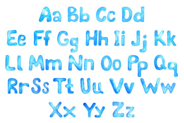 Handwritten blue font. Watercolor alphabet