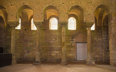 The interior of the sixth century Hagia Eirene, also called Hagia Irene and Aya Irini, this Greek Eastern Orthodox church is located in the outer courtyard of Topkapı Palace, Istanbul, Turkey