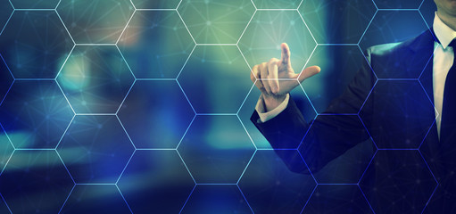 Hexagon grid with a businessman in an office