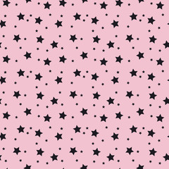 Fototapeta na wymiar Vector star pattern in pink and black. Simple small and big star shape made into repeat. Great for background, wallpaper, wrapping paper, packaging, fashion.