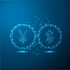 Dollar yuan exchange, trade war in low poly style consisting of points, lines, and shapes in the form of planets, stars and the universe