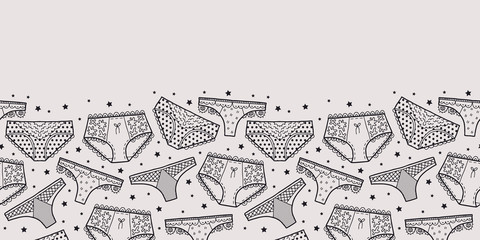 Vector lingerie seamless border in black and grey. Simple doodle panties hand drawn made into repeat. Great for invitations, decor, packaging, ribbon, greeting cards, stationary.