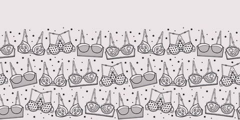 Vector lingerie seamless border in black and grey. Simple doodle bra hand drawn made into repeat. Great for invitations, decor, packaging, ribbon, greeting cards, stationary.