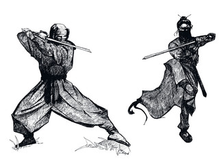 Ninja Characters Wearing Mask in Fighting Pose Isolated on White Background Vector Sketched Illustrations Set © Анна Якунина