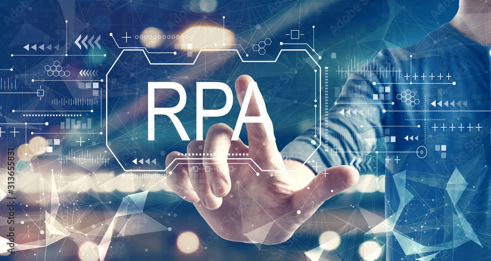 Poster robotic process automation concept with a man on blurred city background