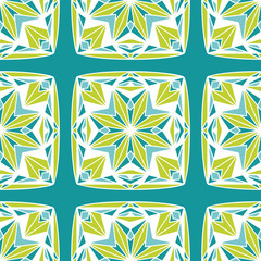 Star Block Quilt chartreuse teal vector seamless pattern. Hand drawn star block resembling quilt squares. Colors are editable.