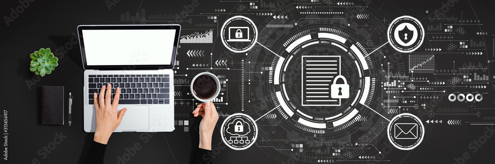 Poster data protection concept with person using a laptop computer
