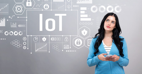 IoT theme with thoughtful young woman holding a smartphone