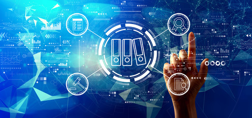 Compliance theme with hand pressing a button on a technology screen