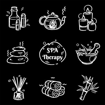 Spa therapy chalk line icons set on chalkboard for wellness salon. Relax massage vector drawing. Body health nature concept. Beauty skincare design elements. Isolated Herbal organic collection