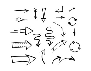 Set of different black hand drawn arrows. Vector illustration.