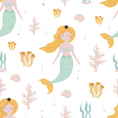 Seamless pattern with a mermaid on a white background. Vector illustration for printing on fabric, postcard, packaging paper, gift products, Wallpaper, clothing. Cute baby background for girls.