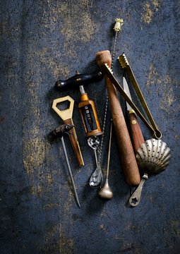 Overhead view of kitchen tools on table