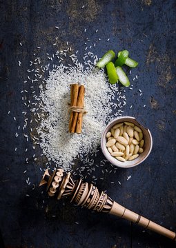 Overhead view of ingredients for almond horchata on table