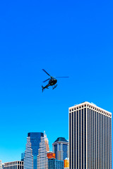 Fototapeta na wymiar Helicopter landing at helipad. Skyline with Skyscrapers in Lower Manhattan, New York City, America USA. American architecture building. Metropolis NYC. Cityscape. Hudson, East River NY