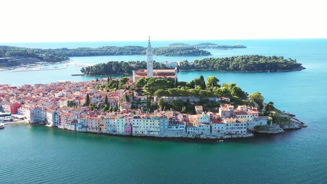 Croatia, Istria, aerial view of the old town of Rovinj on Adriatic sea, drone zoom out footage