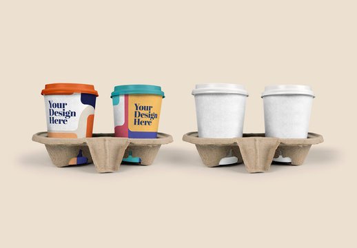 4 Coffee Cups in Paper Trays Mockup