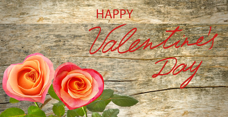 Happy Valentine's Day  with beautiful red rose flowers over rustic wood background