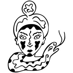 Black and white Ophiuchus. The head of a man with a snake on his neck. Ornamental magical indian maya. The thirteenth zodiac sign. Ethnic coloring book and tattoo. Vector.