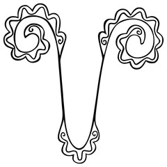Aries zodiac sign with wavy patterns. Black and white astrological coloring page.  Isolated letter V.  Hand drawing. Vector.