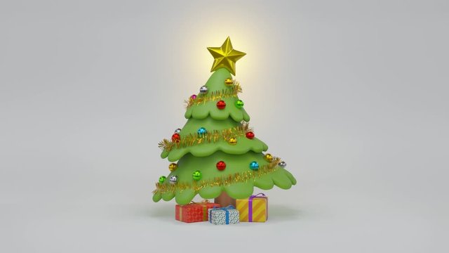 3D render of a single cartoon Christmas tree dancing with gifts over white background. It loops perfectly.
