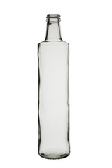Empty, open bottle of glass, elongated shape. Isolated on white background