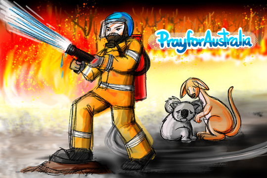 Concept Art - Pray For Australia. Drawn And Paint About Australian Bushfire In 2019. Firefighter Fight Blaze And Protect Koala With Kangaroo As Hero. Fire Storm Burning Surround Them