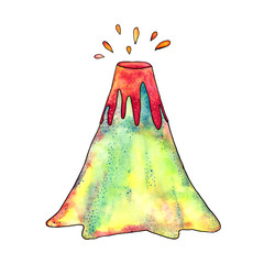 Hand drawn watercolor volcano's eruption illustration on white background.